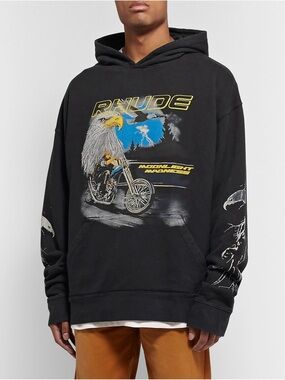 Rhude Oversized Moonlight Madness Eagle Motorcycle Loopback Cotton Hoodie